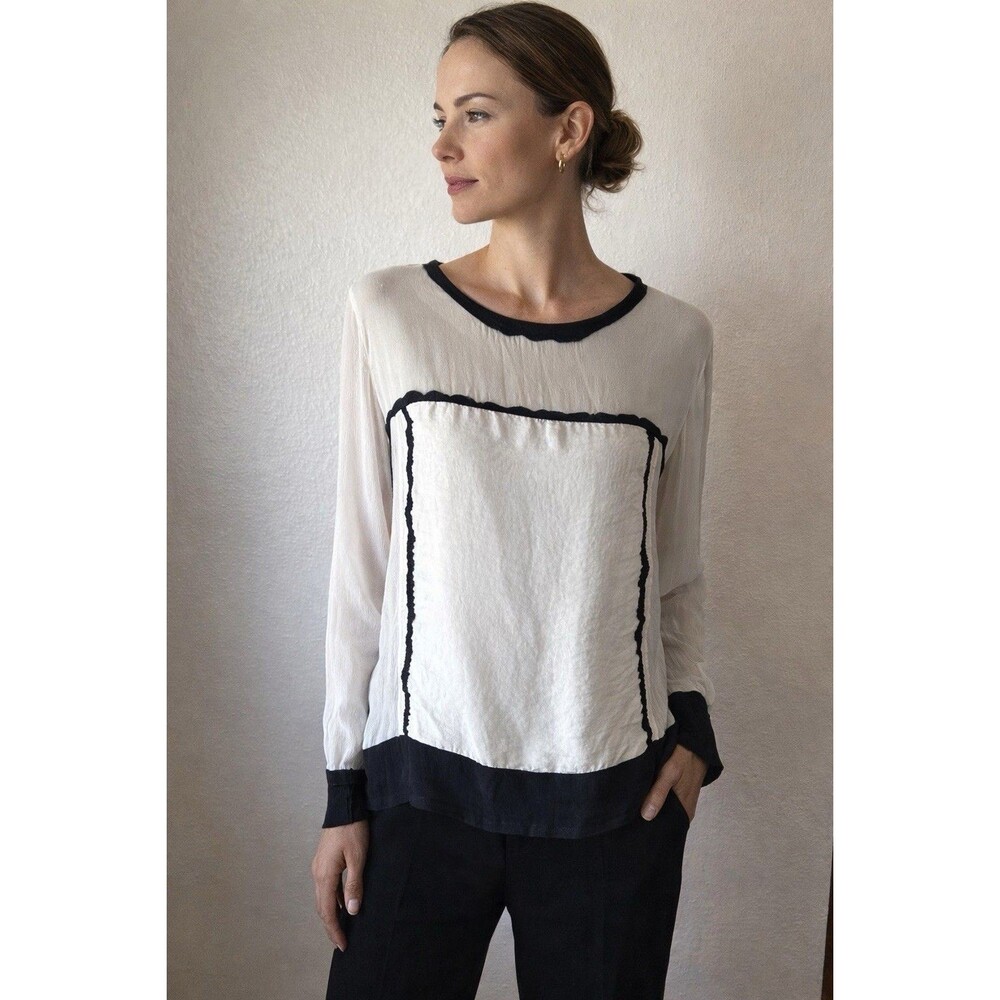 Viviana Uchitel Hand Dyed Rayon Blouse Cream Black Dye Long Sleeve Size 2/M